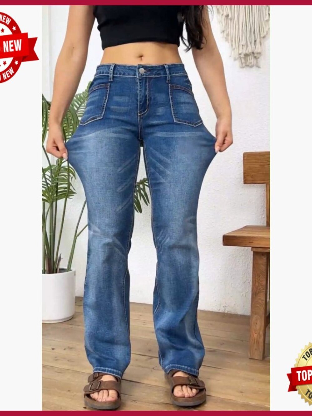 Mid Rise Bootcut Jeans Stretchy Denim Pants with Patch Pockets - Picture 7 of 7